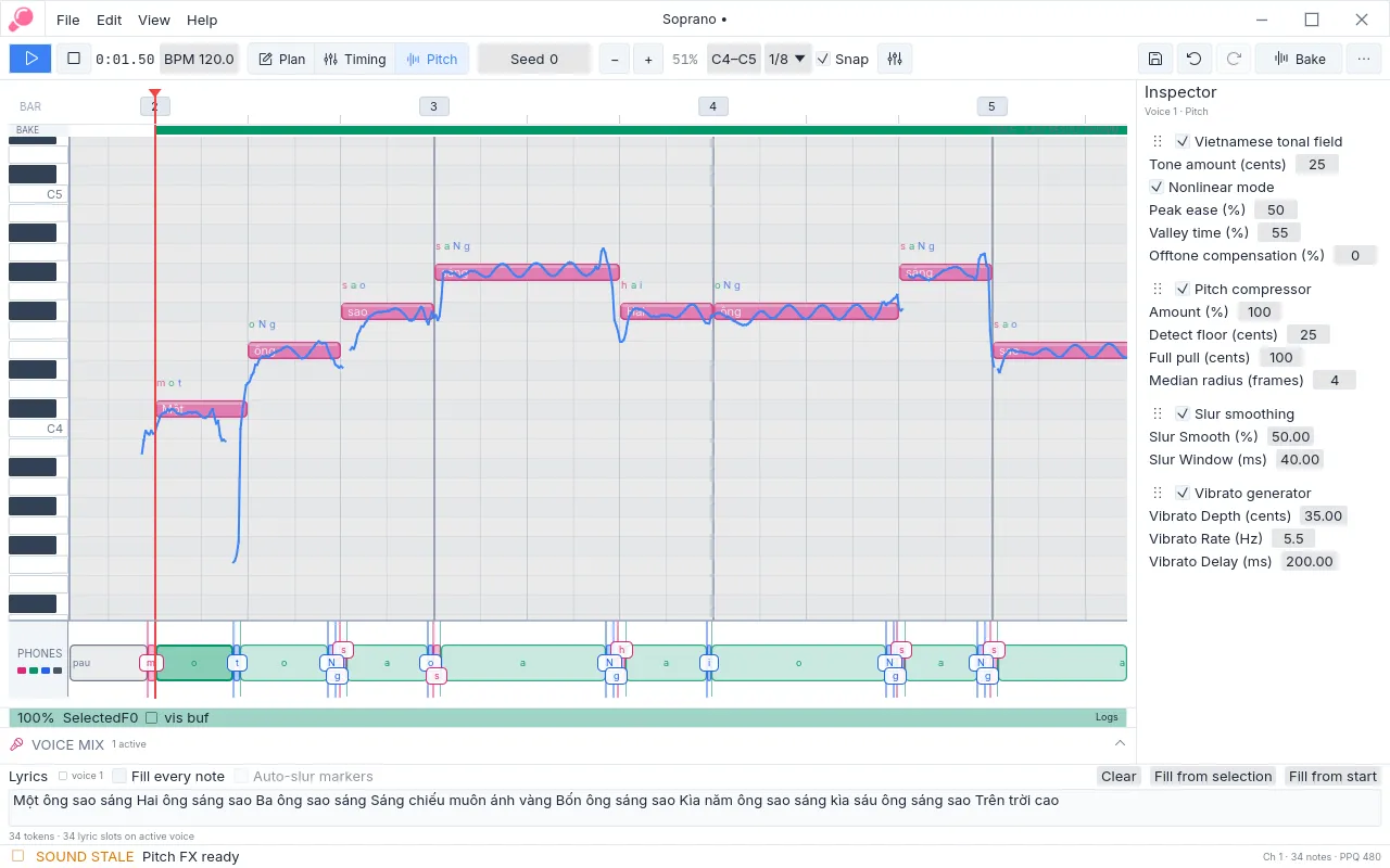 Pitch mode with the rendered pitch line and Inspector controls.