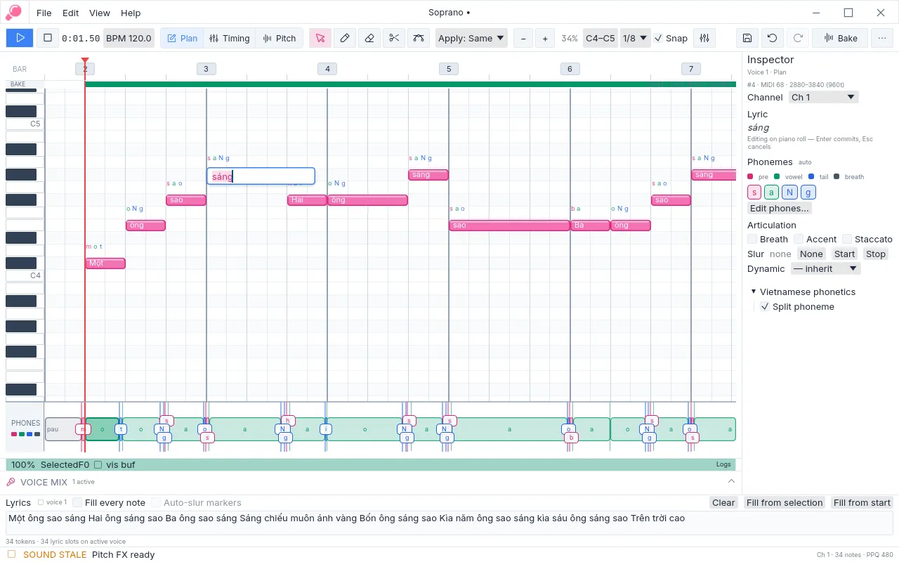 Plan mode with the score, phone row, voice rail, and Inspector visible.