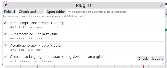 Plugins dialog showing installed packages and their status.