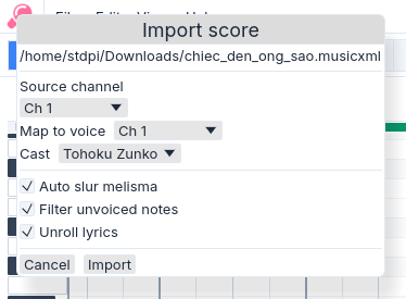 Built-in score import dialog.