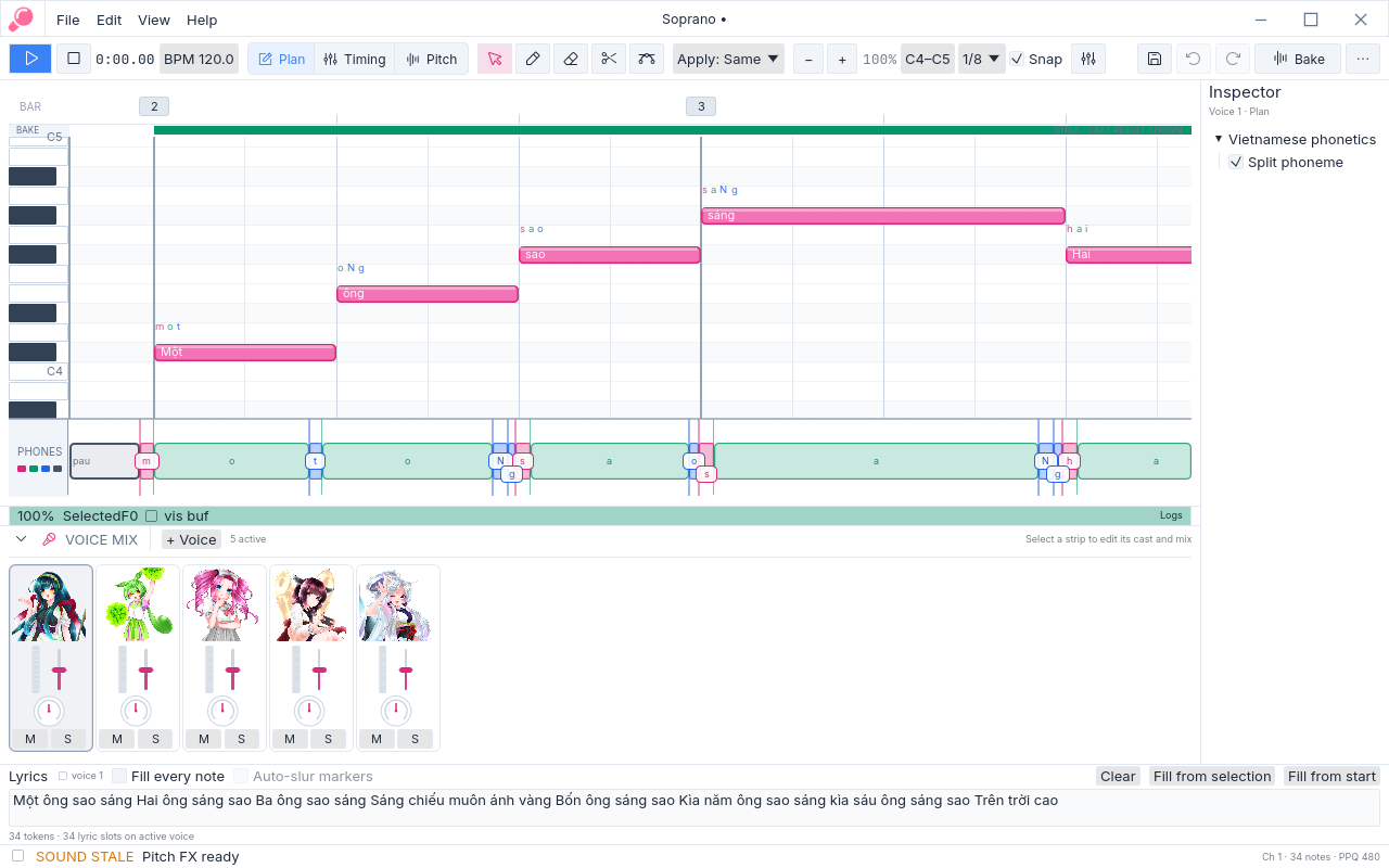 Amadeus in Plan mode, with the score editor and voice rail visible.