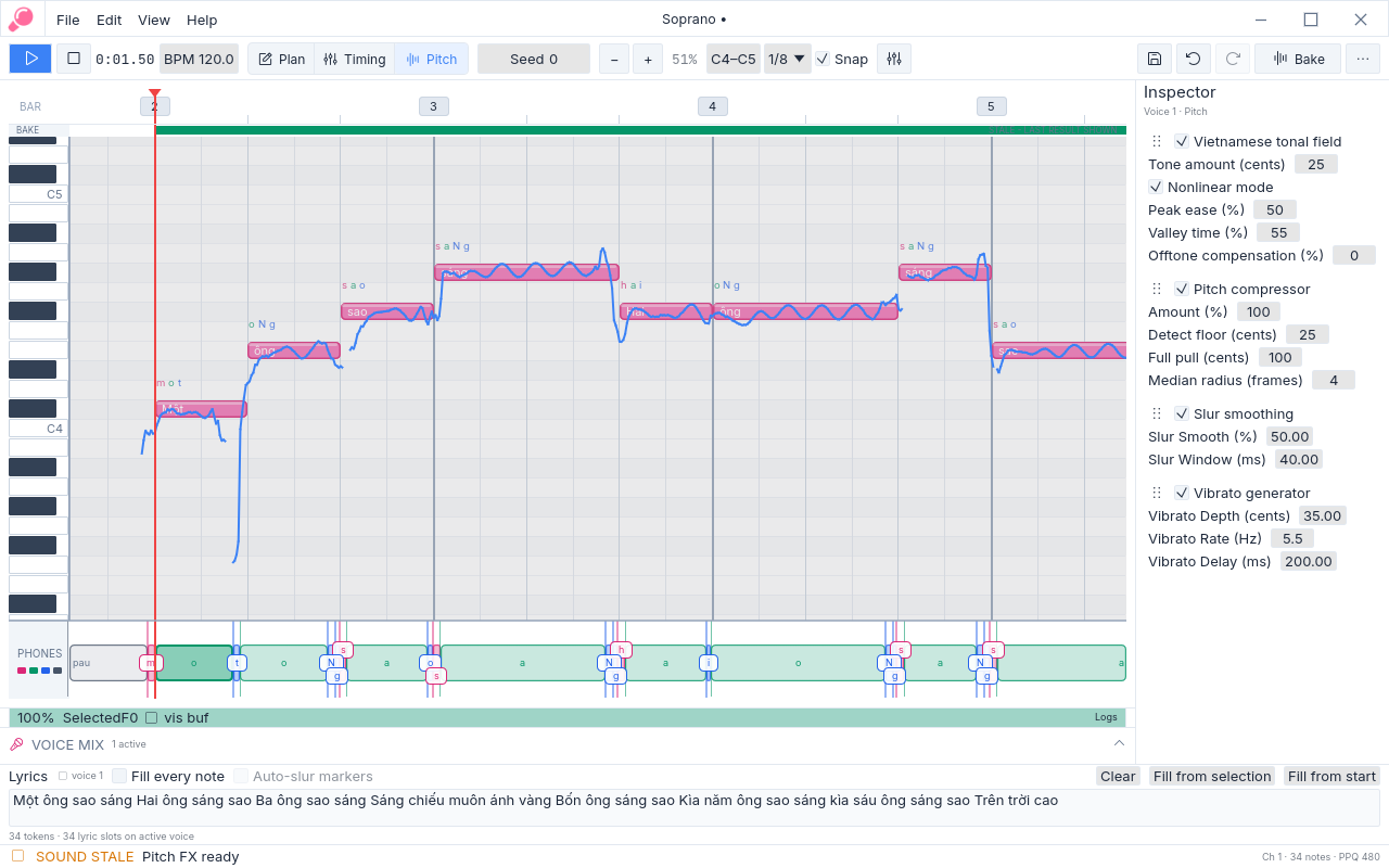 Pitch mode with the rendered pitch line and Inspector controls.