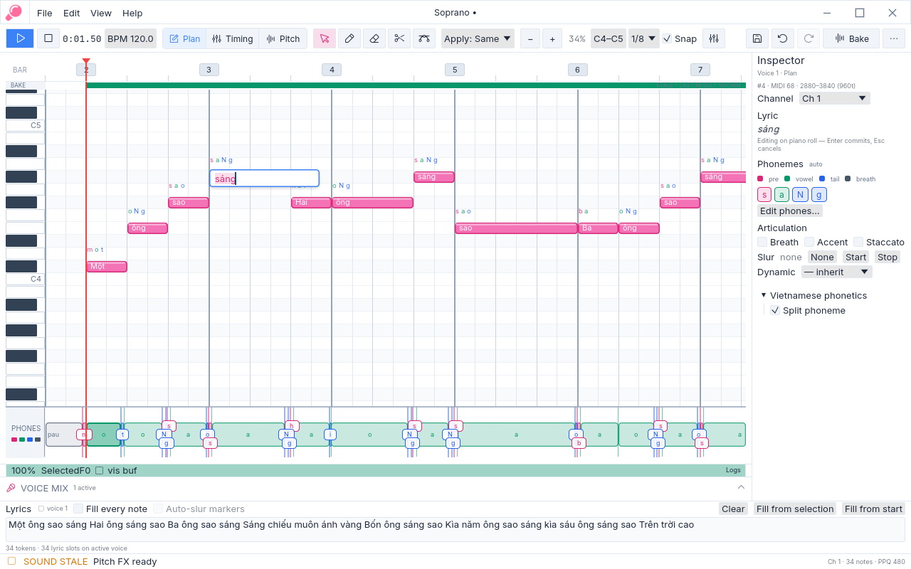 Plan mode with the score, phone row, voice rail, and Inspector visible.