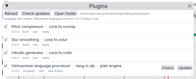 Plugins dialog showing installed packages and their status.